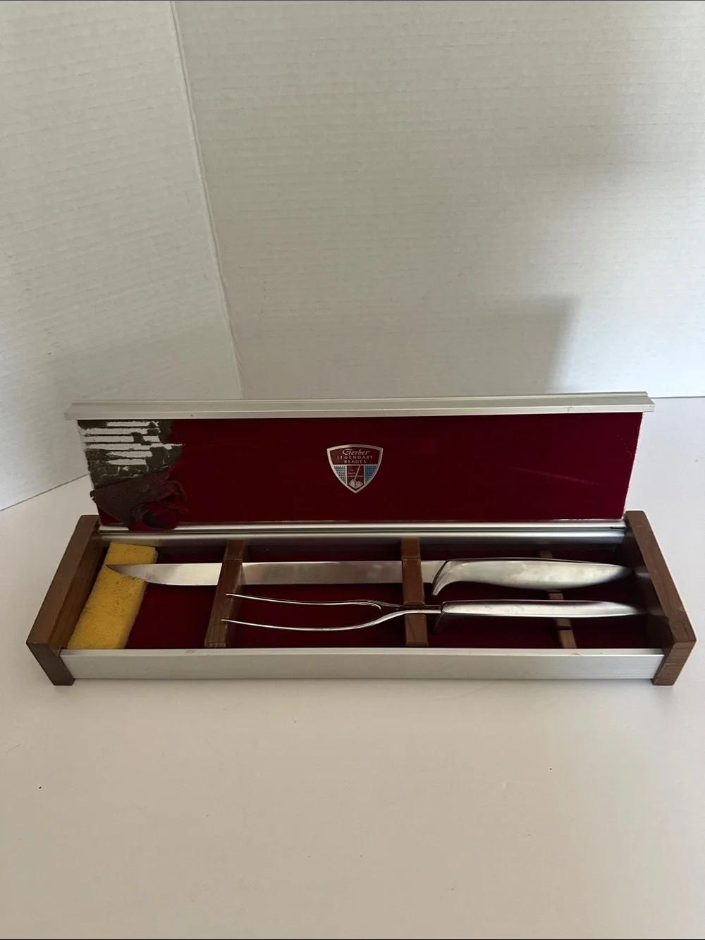 Gerber Silver Carving Knife and Fork Set with Red Lined Case